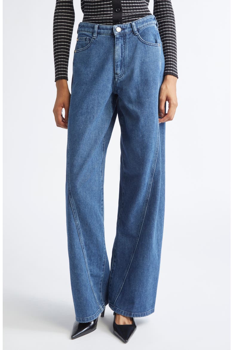 Twist Seam High Waist Barrel Leg Jeans, Main, color, SOLID MEDIUM BLUE