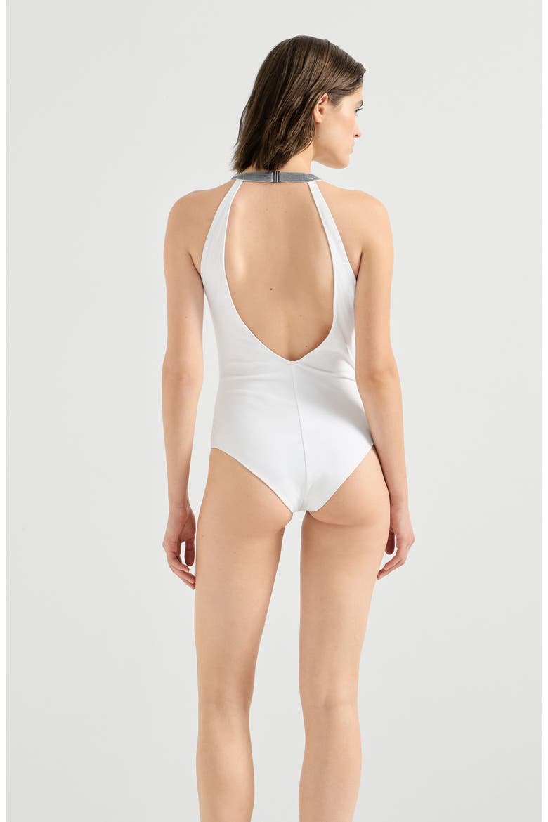 Techno jersey bathing suit with precious collar, Alternate, color, White