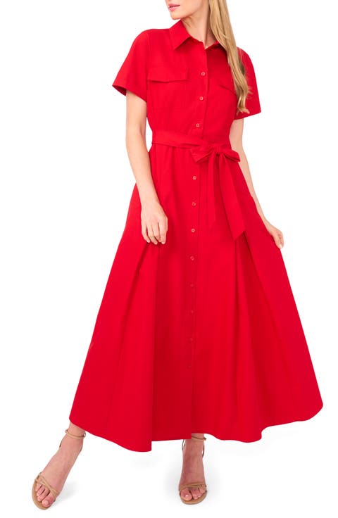 Box Pleat Tie Belt Cotton Maxi Shirtdress