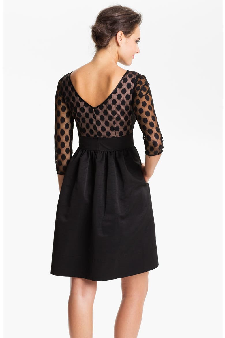Dot Mesh Bodice Fit & Flare Dress, Alternate, color, BLACK