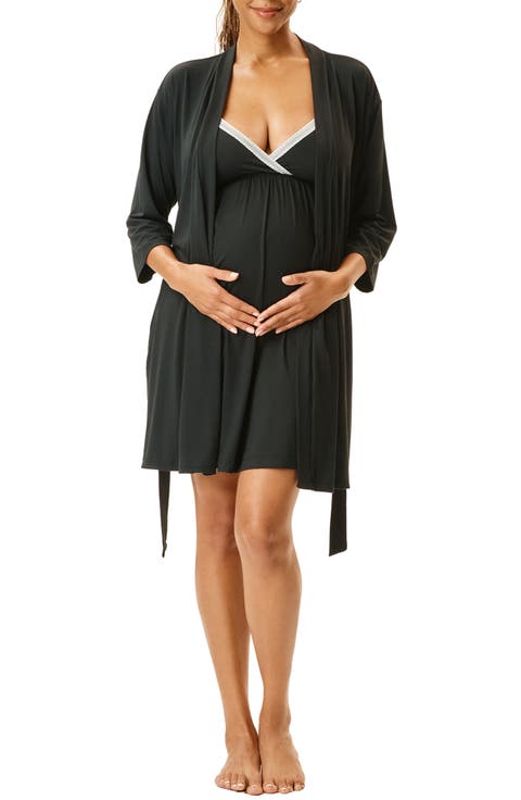 Motherhood Women's Maternity Robe and Nursing Chemise Sleep Set with Baby Swaddle