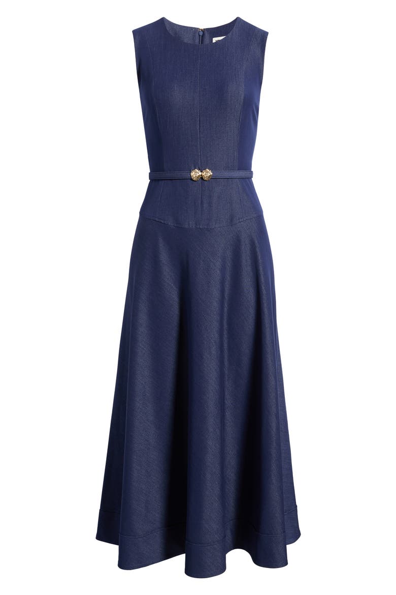Belted Drop Waist Midi Dress, Alternate, color, MIDNIGHT FAUX DENIM