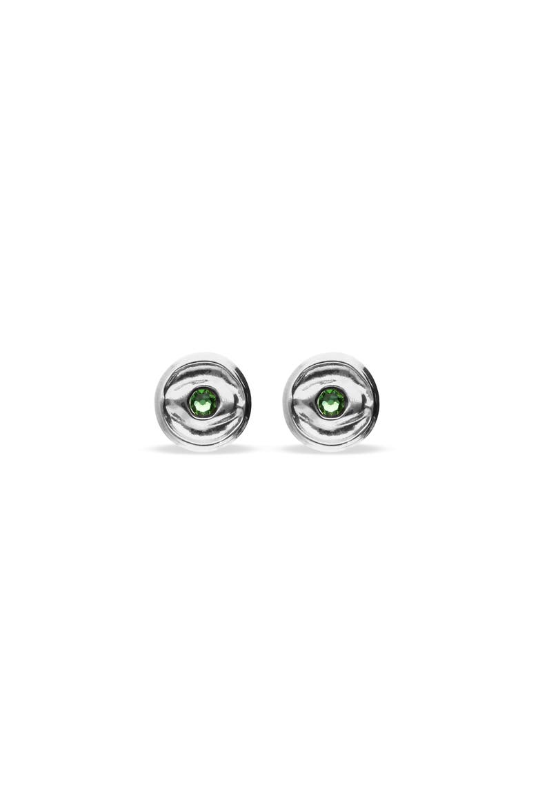 Silver plated button earrings with green faceted crystal, Alternate, color, Silver
