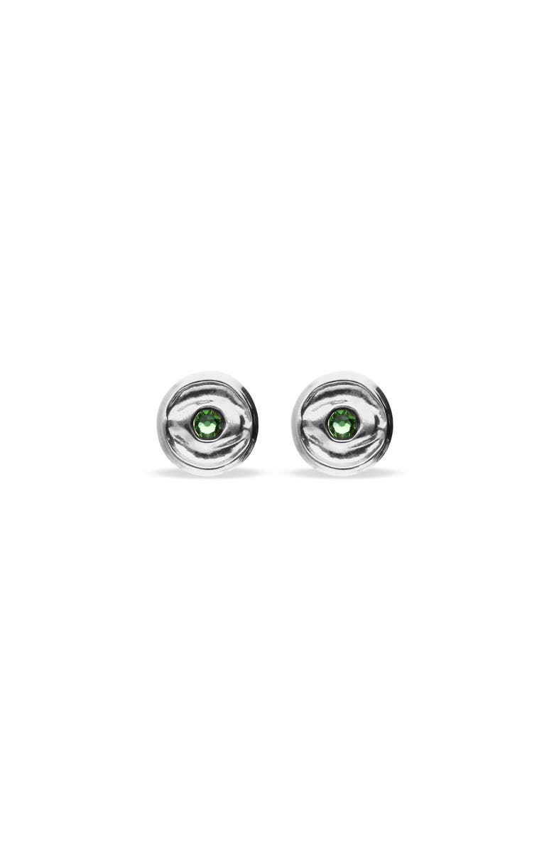 UNODE50 Silver plated button earrings with green faceted crystal, Alternate, color, Silver