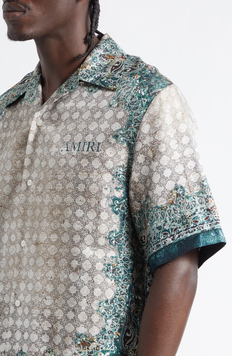 AMIRI Monogram Bandana Print Silk Bowling Shirt, Alternate, color, Multi Archived