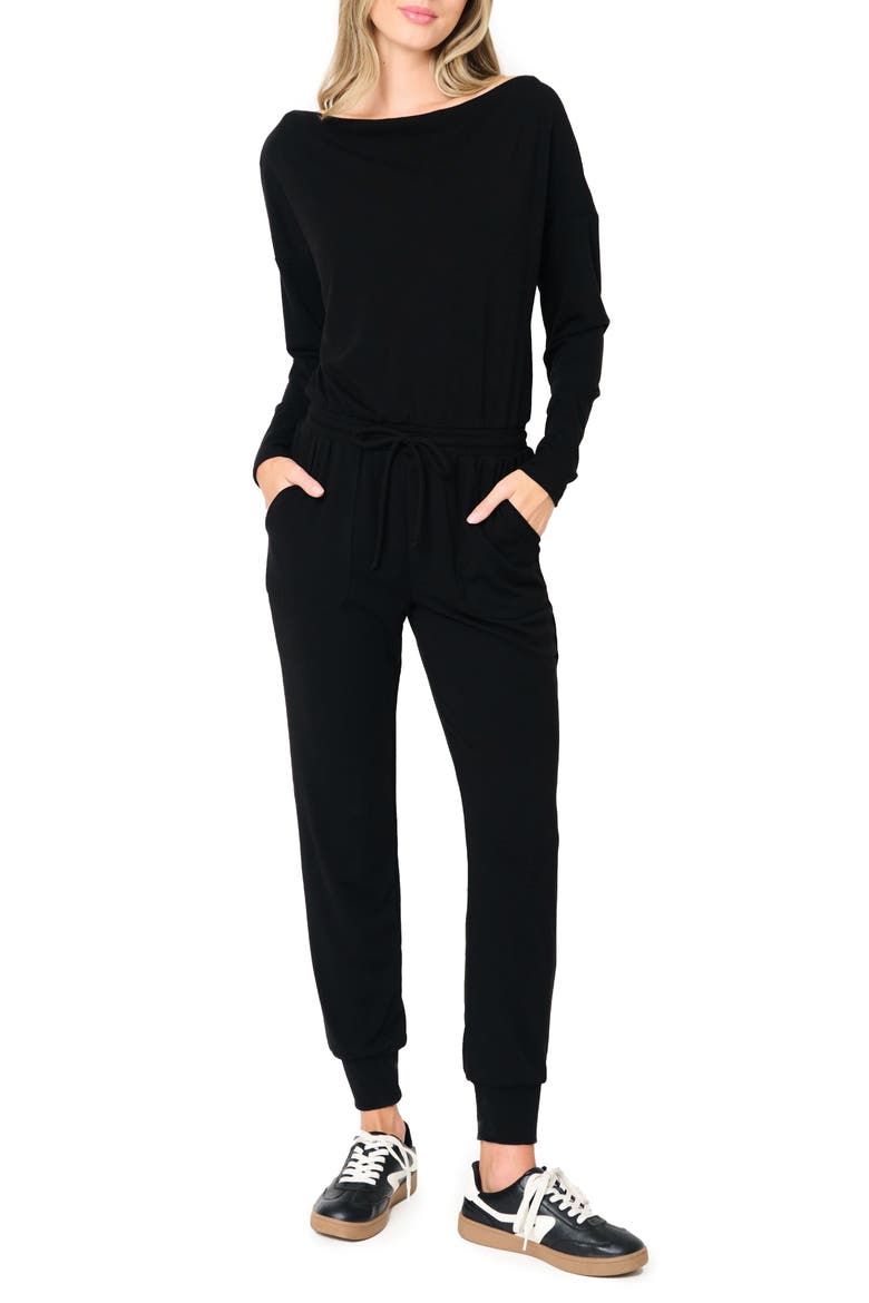 Luxe Off the Shoulder Long Sleeve Knit Jumpsuit, Main, color, BLACK