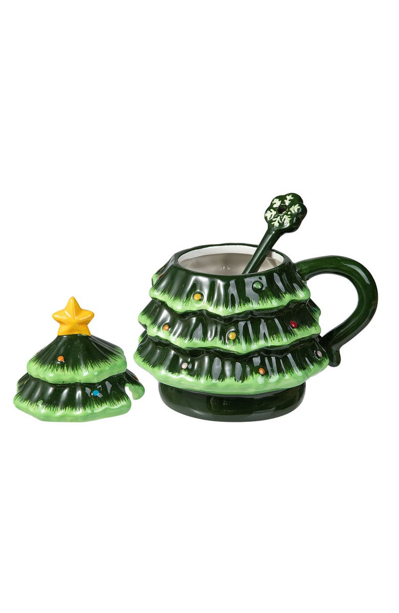 Glitzhome Christmas Ceramic Tree Mug with Lid and Spoon, Alternate, color, 