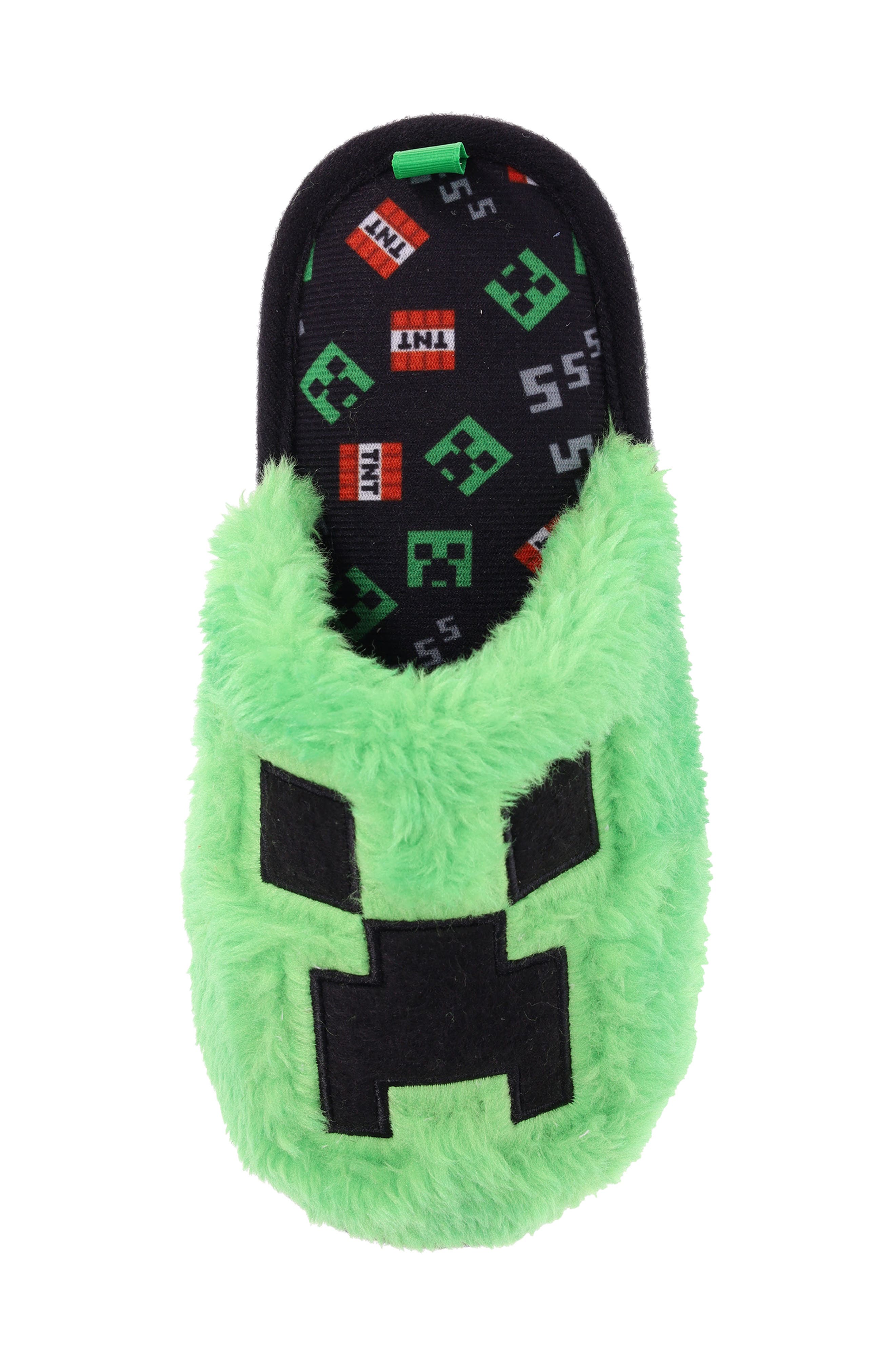 SG Footwear Kids' Minecraft Creeper Scuff Faux Fur Slipper, Alternate, color, Green