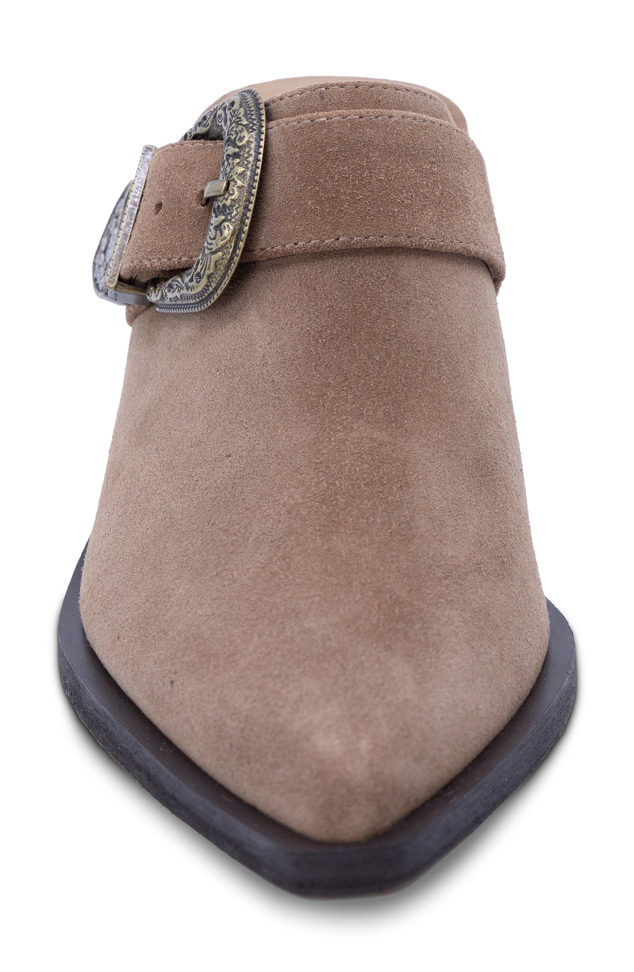 Charm Pointed Toe Buckle Mule, Alternate, color, TOFFEE SUEDE