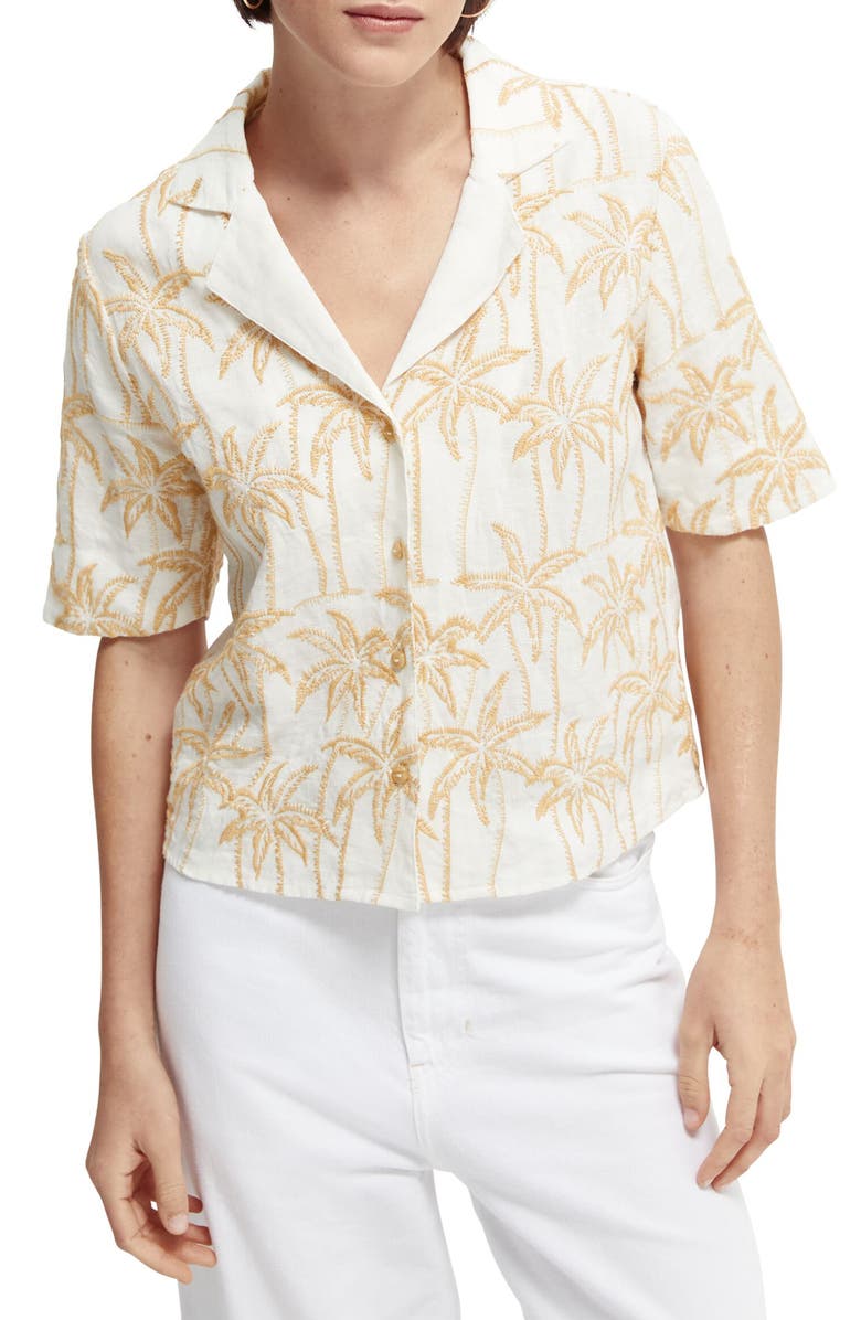 Scotch & Soda Embroidered Palms Short Sleeve Linen Camp Shirt, Main, color, 