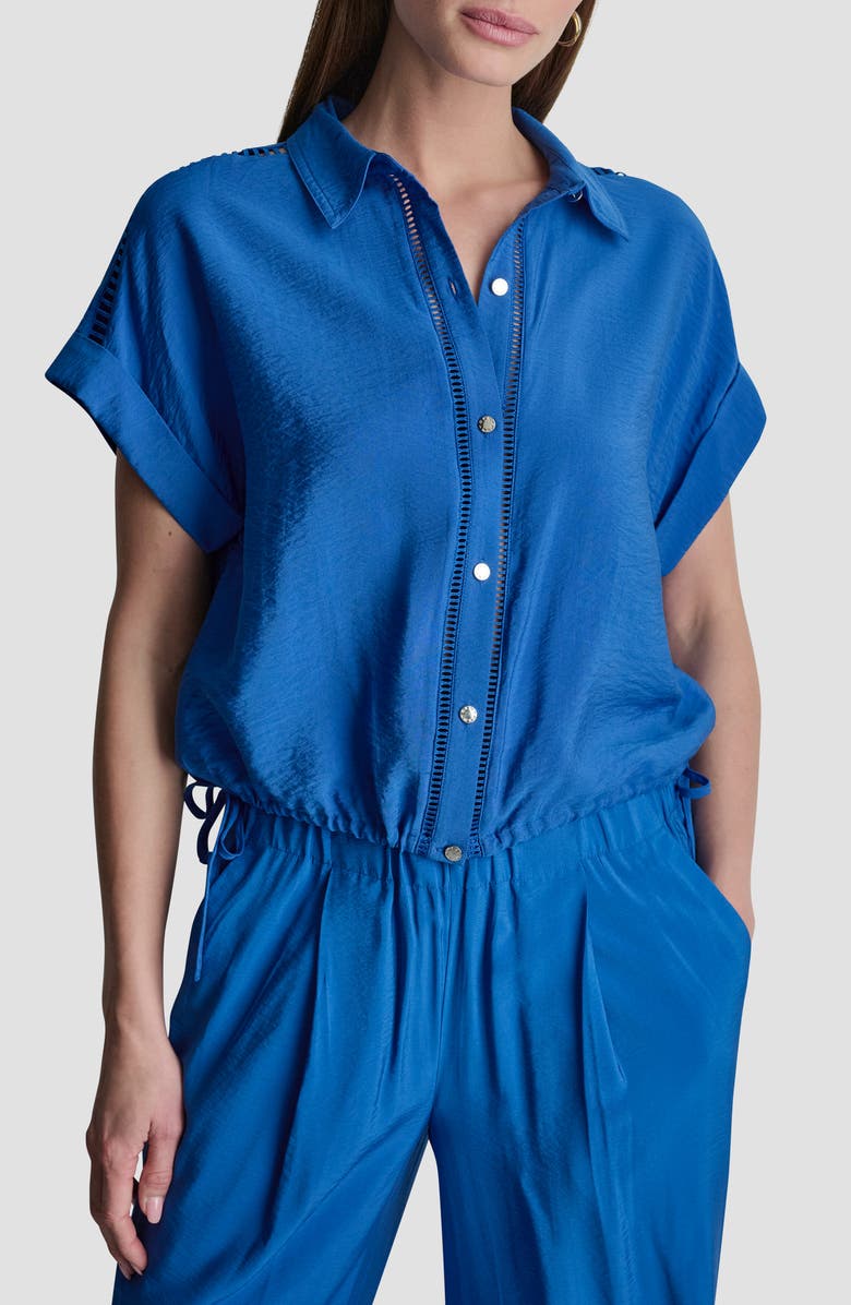 DKNY Ladder Lace Detail Short Sleeve Button-Up Shirt, Main, color, Cobalt