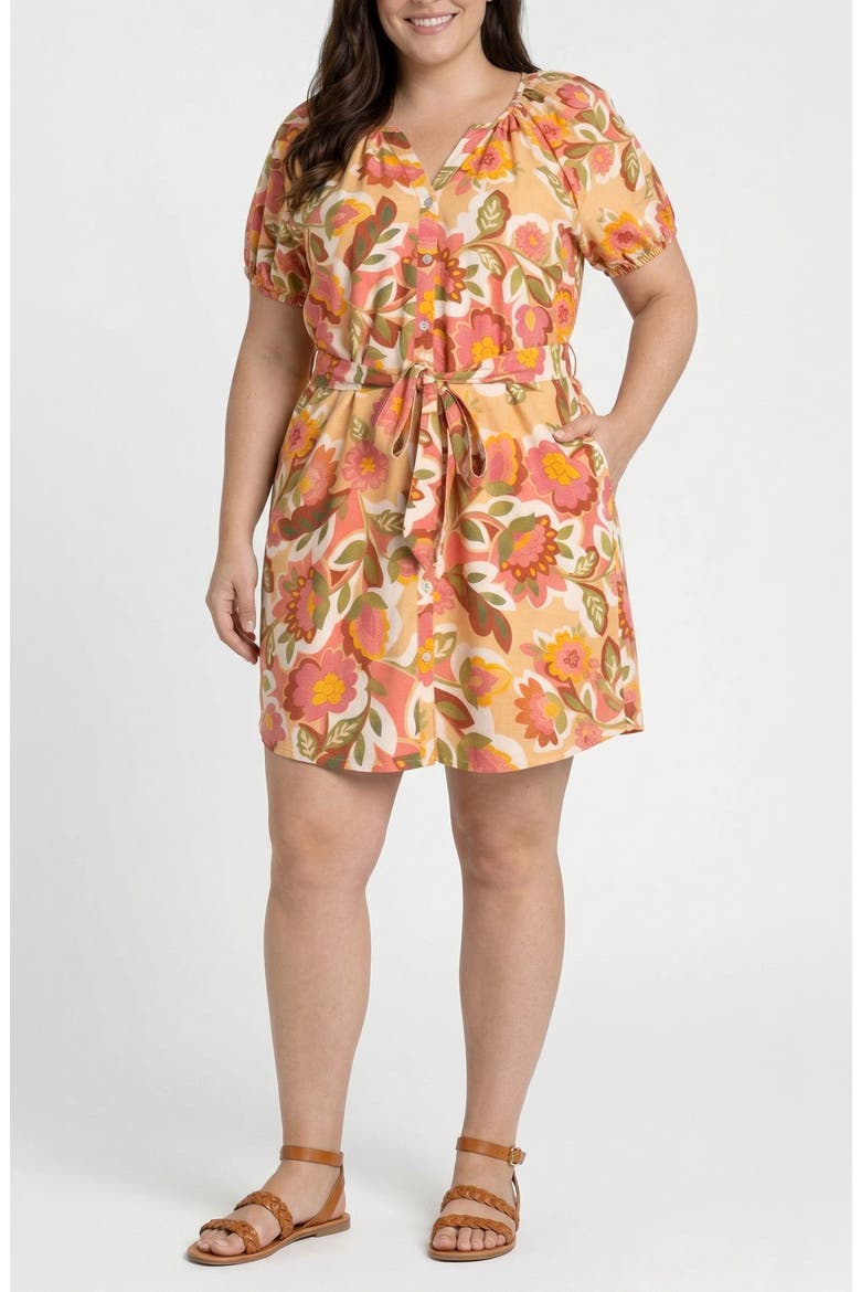 Floral Print Tie Waist Dress, Alternate, color, TAN FLORAL MULTI