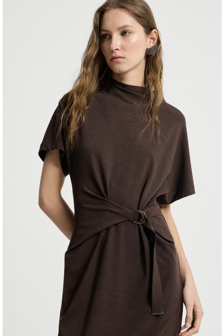 Techno wool jersey wrap belt dress with monili, Alternate, color, Coffee