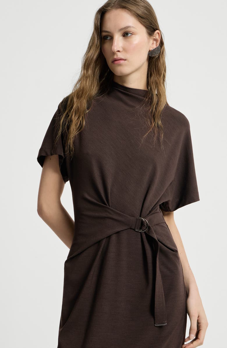 Brunello Cucinelli Techno wool jersey wrap belt dress with monili, Alternate, color,