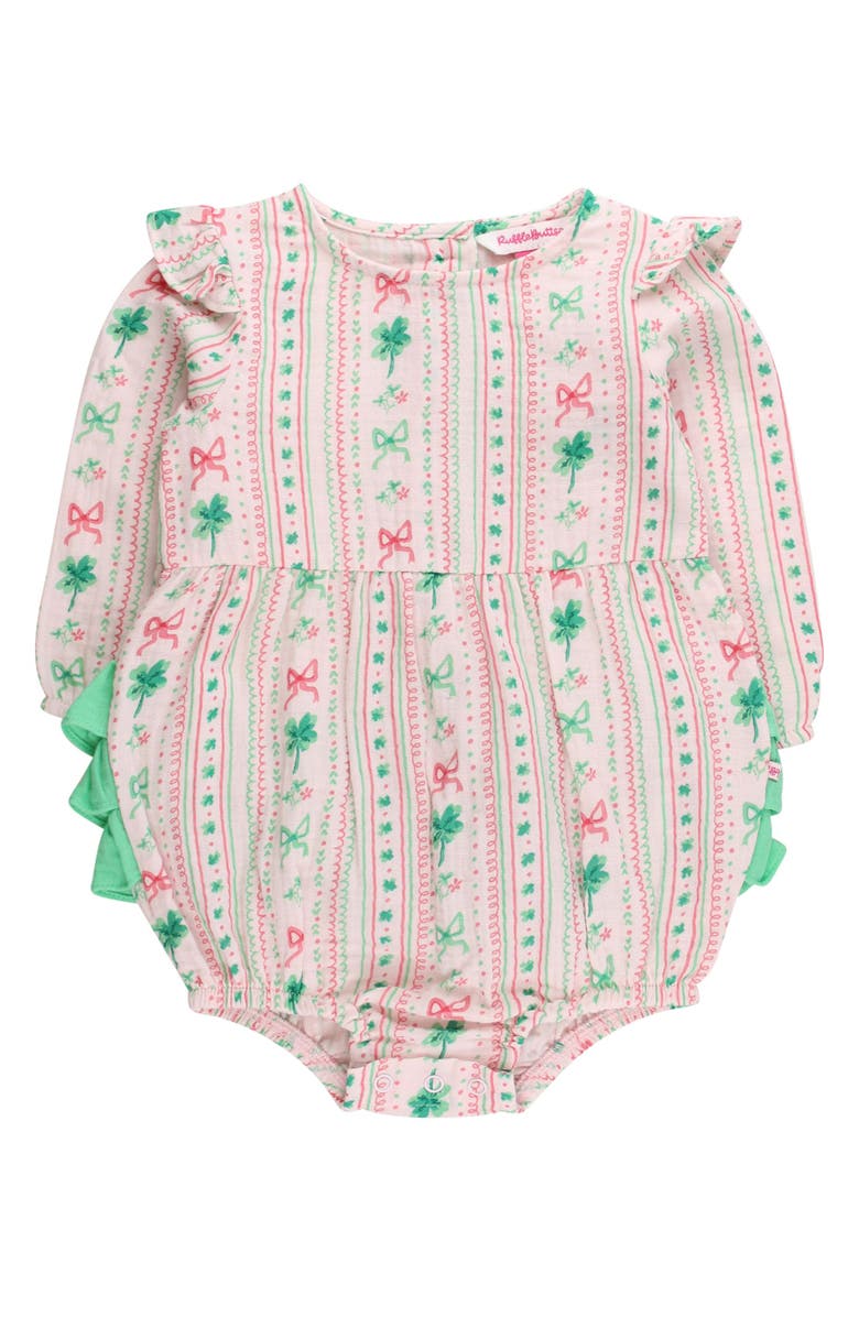 RuffleButts Cotton Gauze Long Sleeve Flutter Bubble Romper, Main, color, Clover Bows & Wishes