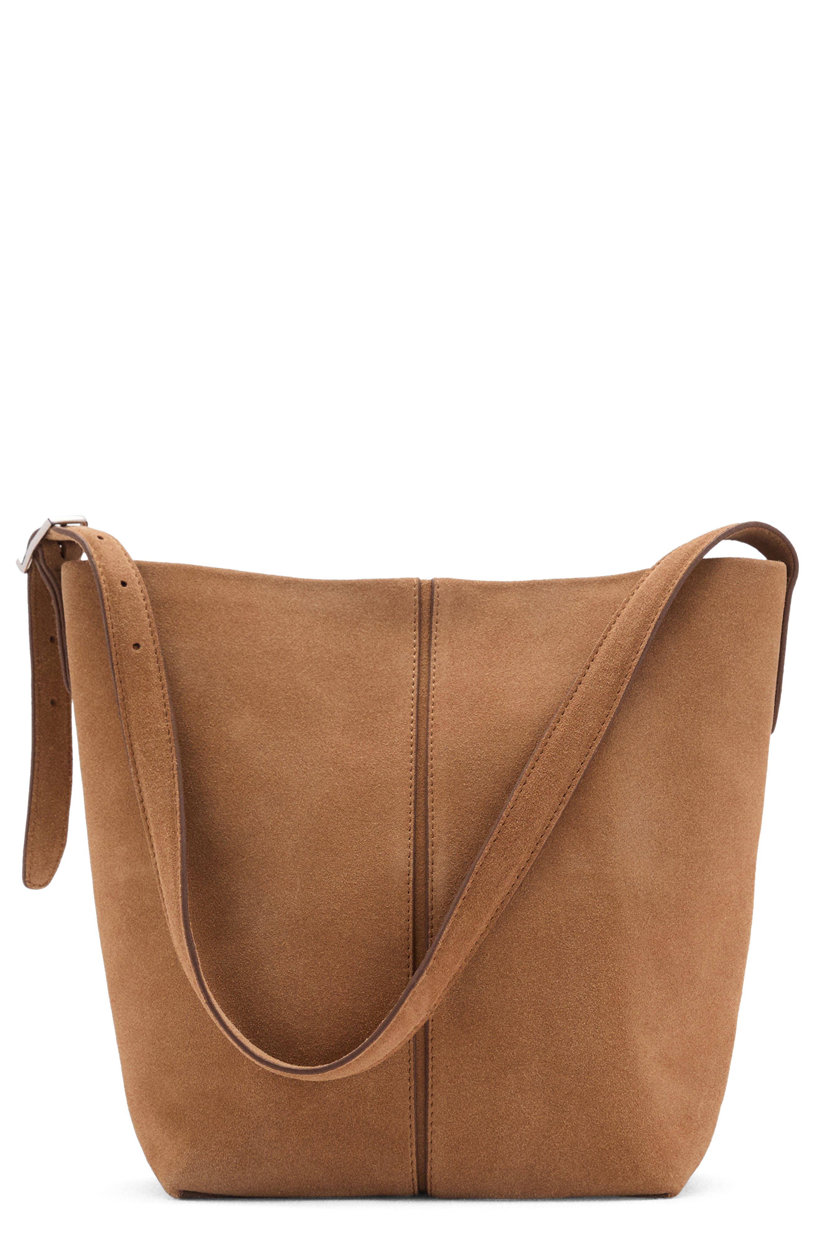 MANGO Leather Bucket Bag, Main, color, Medium Brown
