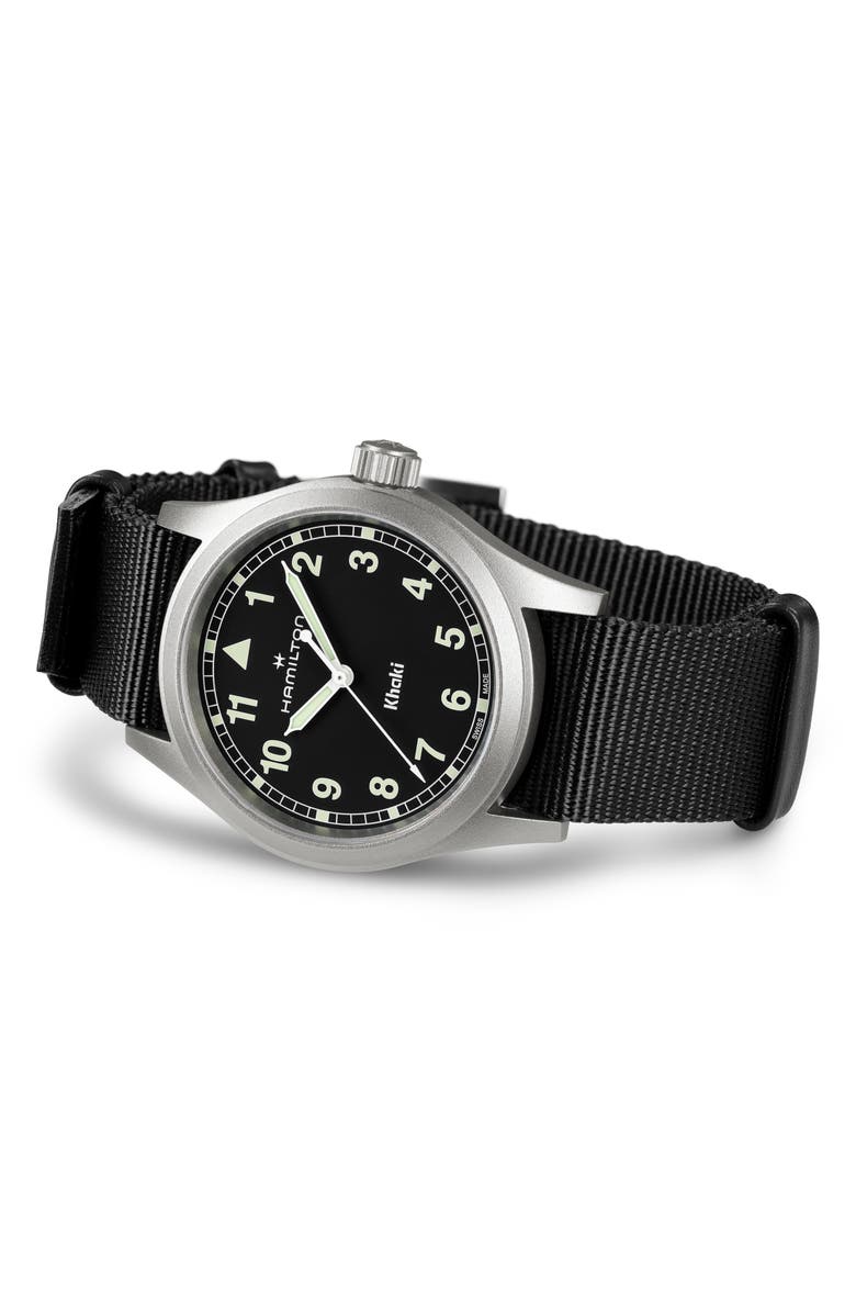 Hamilton Khaki Field NATO Strap Watch, 38mm, Alternate, color, Black