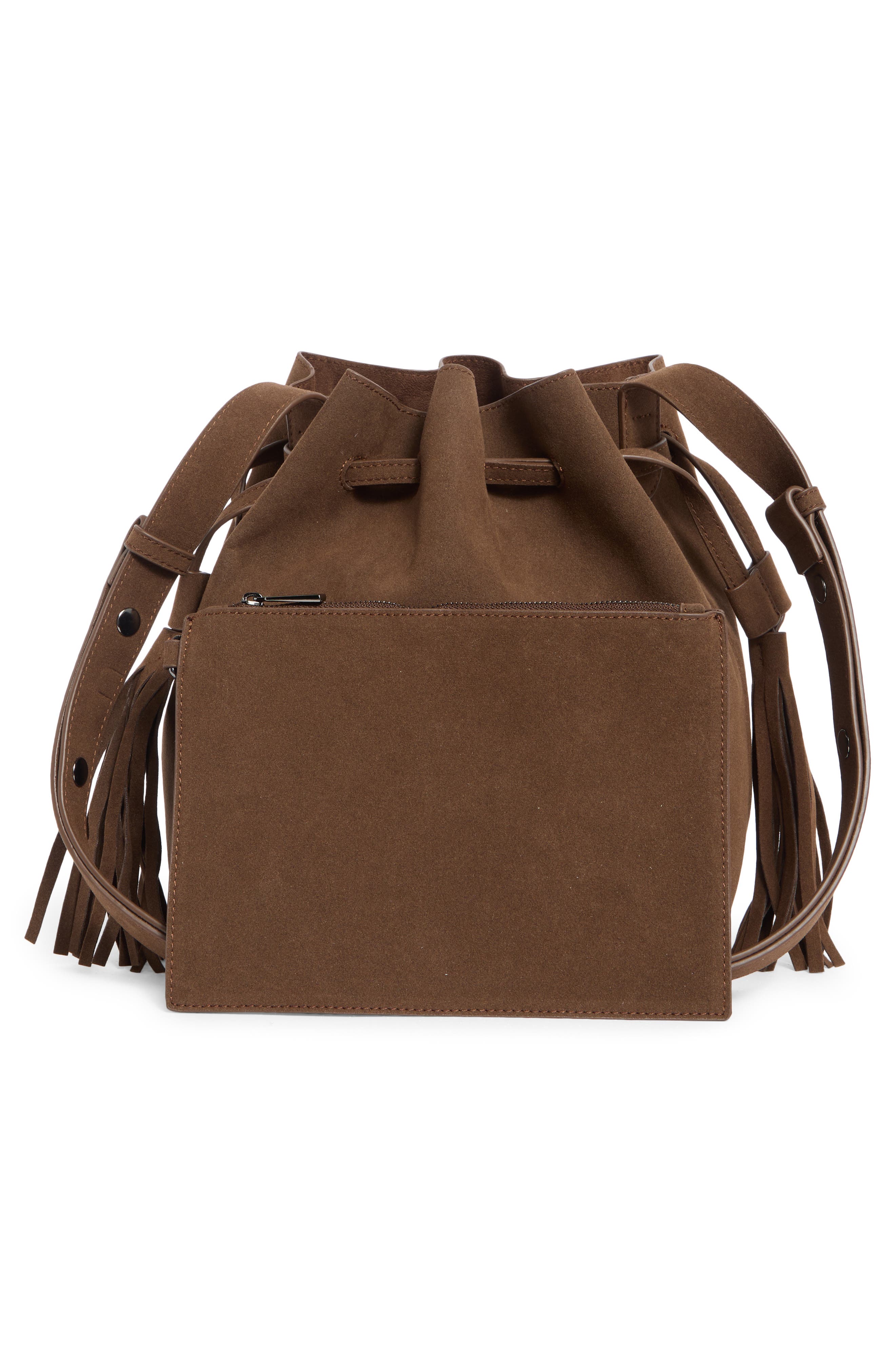 BCBG Tassel Water Repellent Bucket Bag, Alternate, color, Chocolate