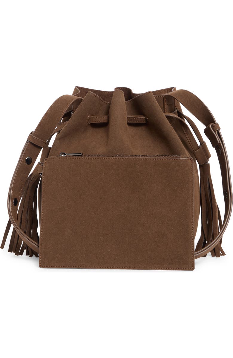 BCBG Tassel Water Repellent Bucket Bag, Alternate, color, Chocolate