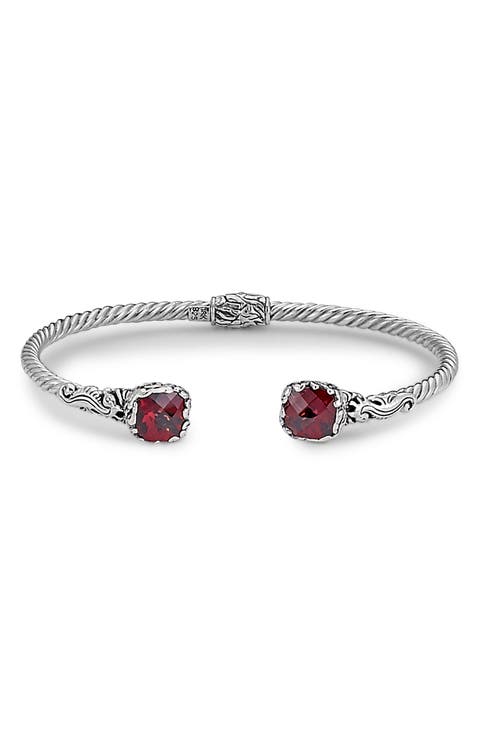 Sterling Silver & 18K White Gold Garnet Bangle Bracelet