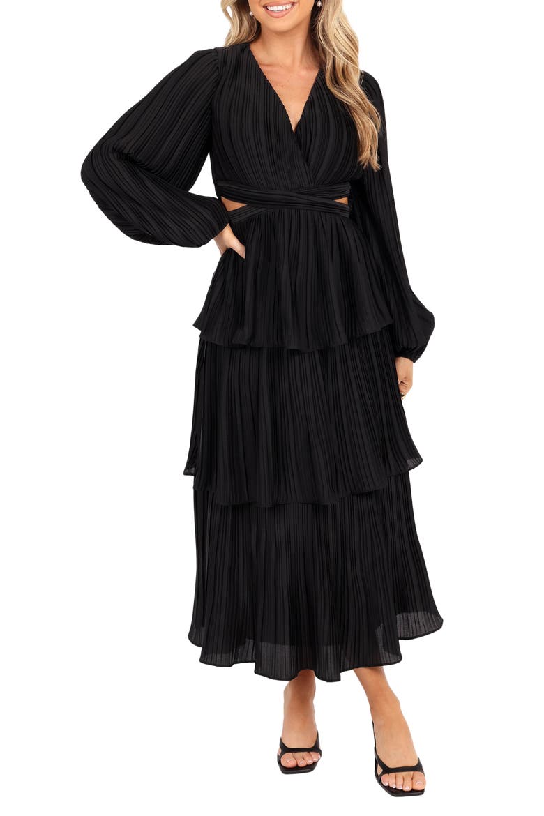 Pippa Side Cutout Long Sleeve Tiered Midi Dress, Main, color, BLACK