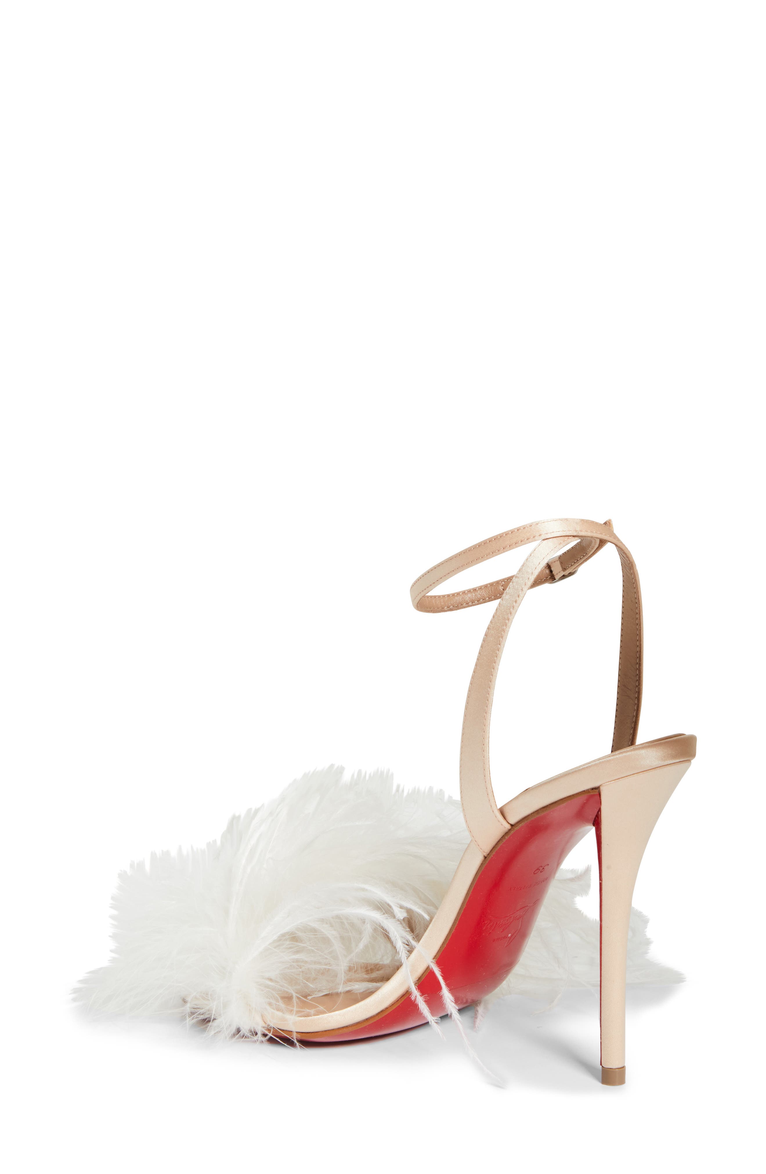 Christian Louboutin Miss Z Loubipoupi Feather Embellished Ankle Strap Sandal, Alternate, color, Blush/ Ivory