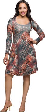 24seven Comfort Apparel Long Sleeve Fit and Flare Dress in Animal Print