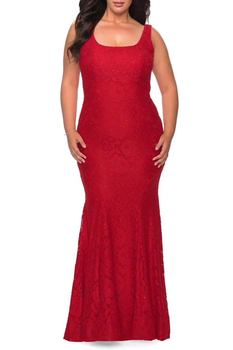 Stretch Lace Plus Size Gown with Beading, Main, color, RED