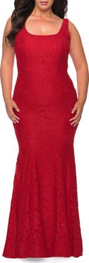 La Femme Stretch Lace Plus Size Gown with Beading