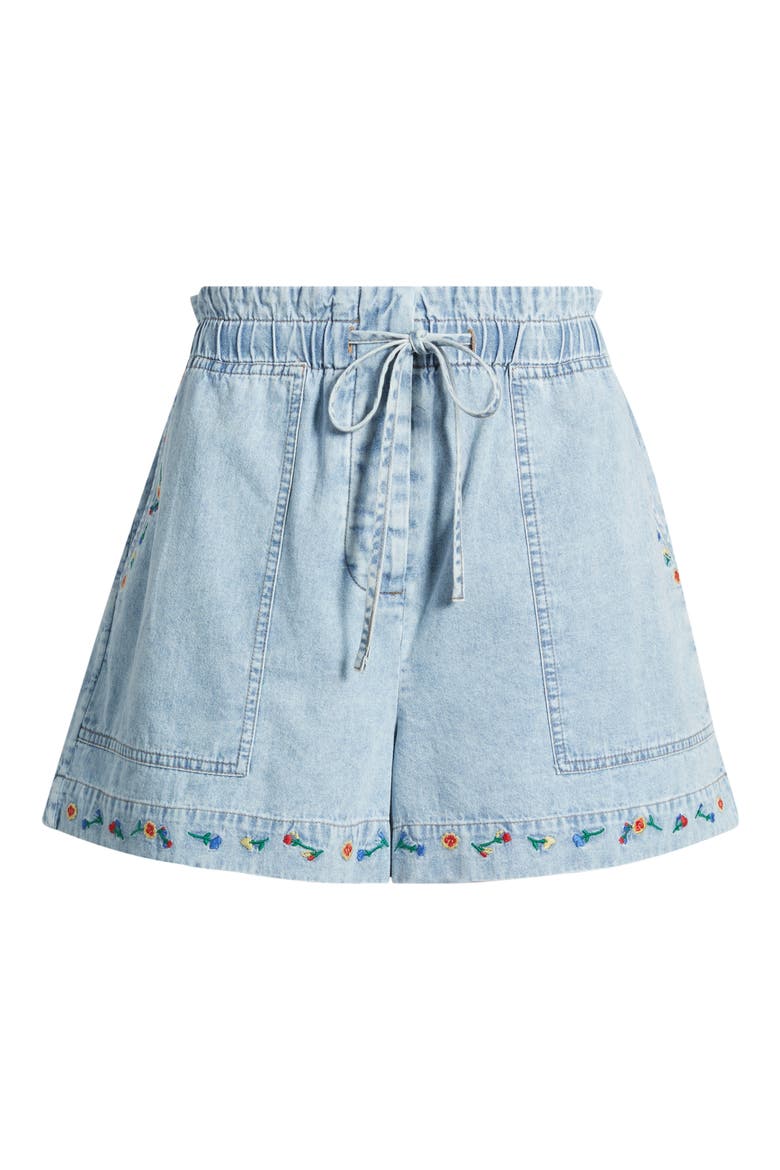 Foster Paperbag Denim Shorts, Alternate, color, FADED INDIGO FLORAL EMBROIDERY