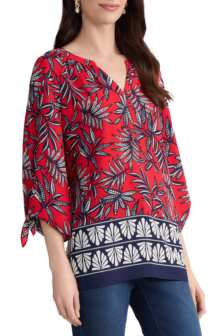 Leaf Print Tie Cuff Raglan Sleeve Top, Alternate, color, ROUGE MULTI