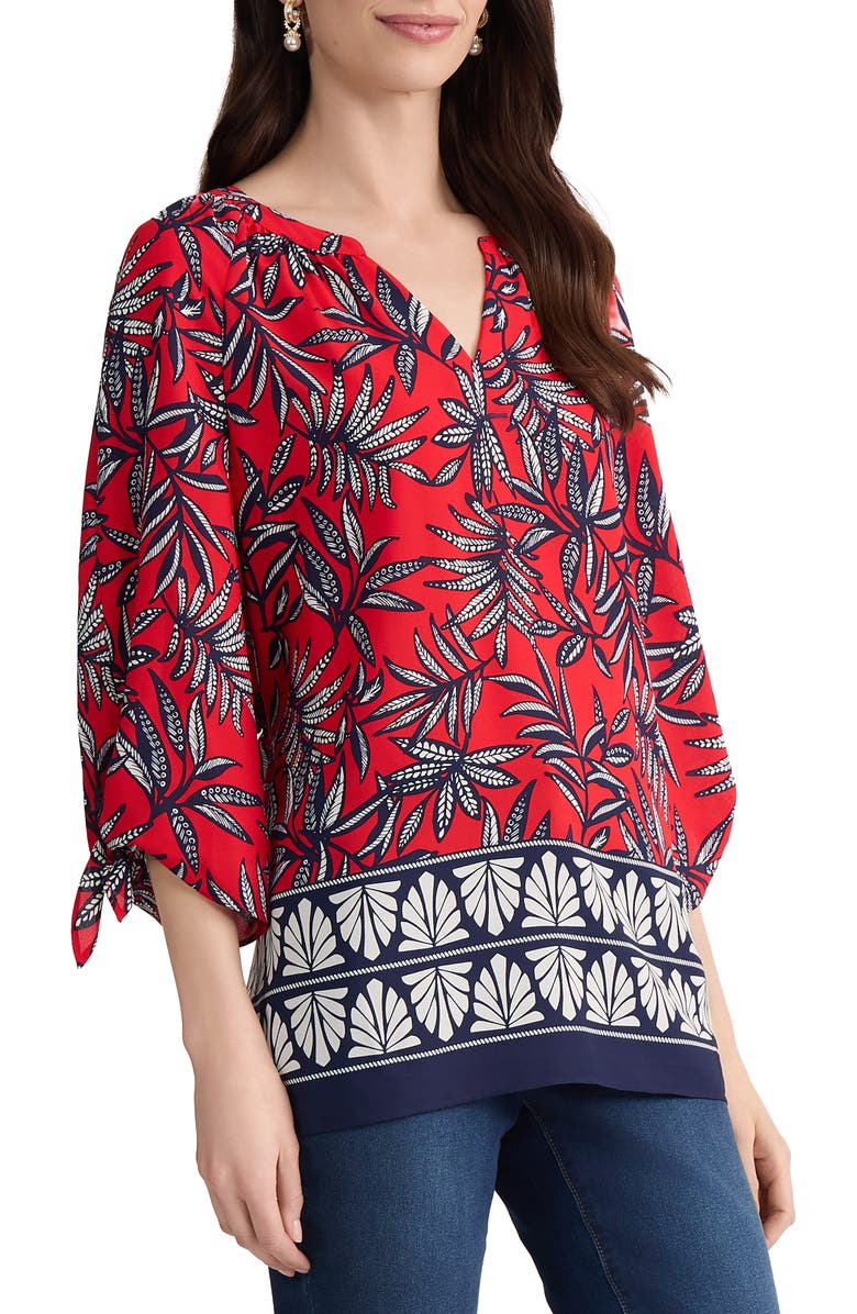 Jones New York Leaf Print Tie Cuff Raglan Sleeve Top, Alternate, color, Rouge Multi