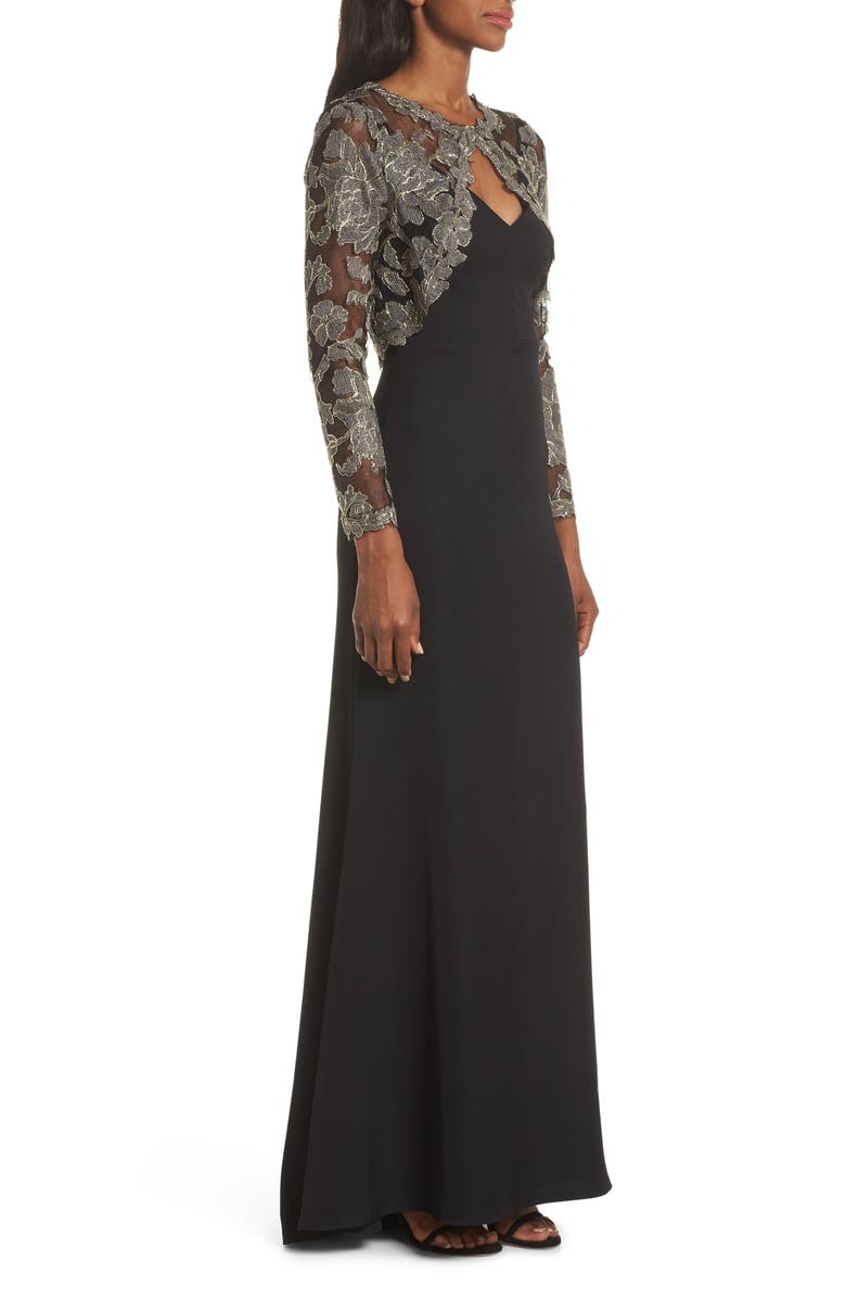 Tadashi Shoji Crepe & Embroidered Lace Gown, Alternate, color, 