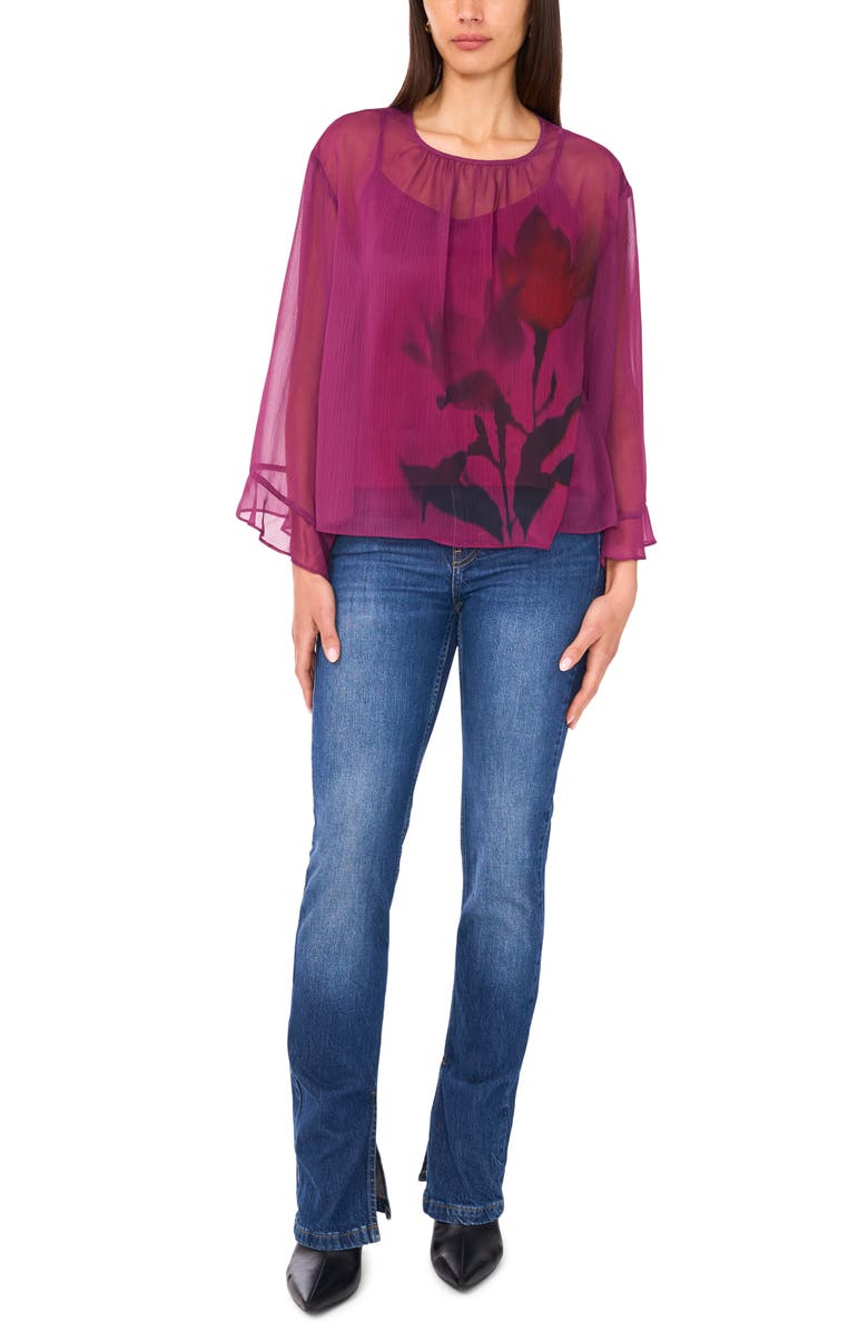 Vince Camuto Floral Flutter Bell Sleeve Top, Alternate, color, Sweet Plum