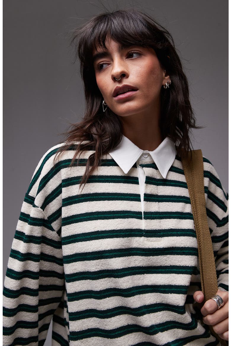 Stripe Long Sleeve Terry Cloth Polo, Alternate, color, ECRU MULTI