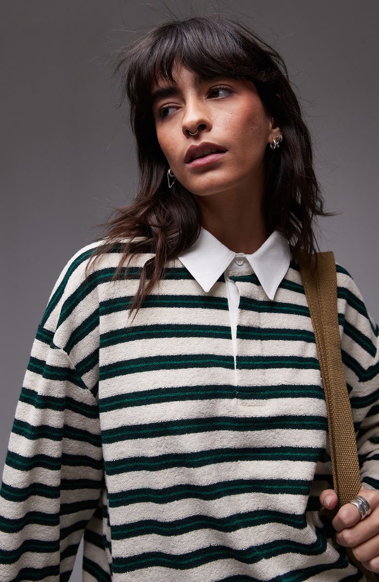Topshop Stripe Long Sleeve Terry Cloth Polo, Alternate, color,