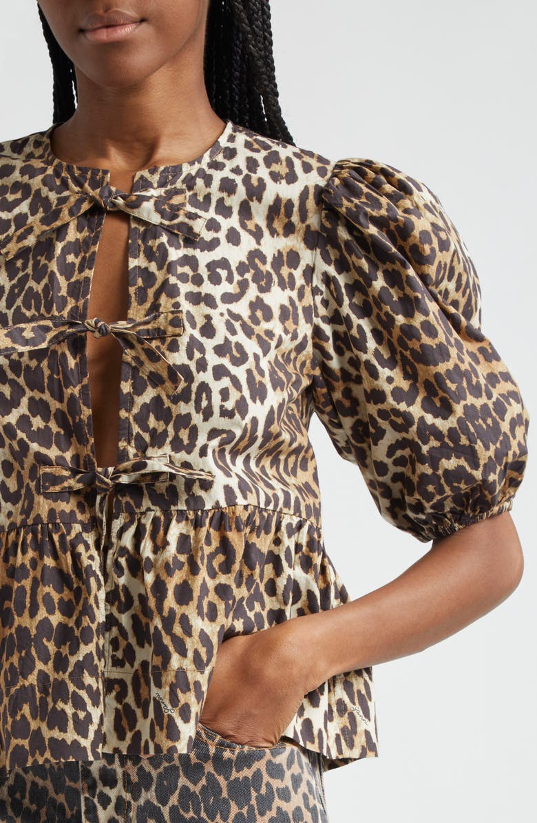 Ganni Leopard Print Tie Front Organic Cotton Top, Alternate, color, 