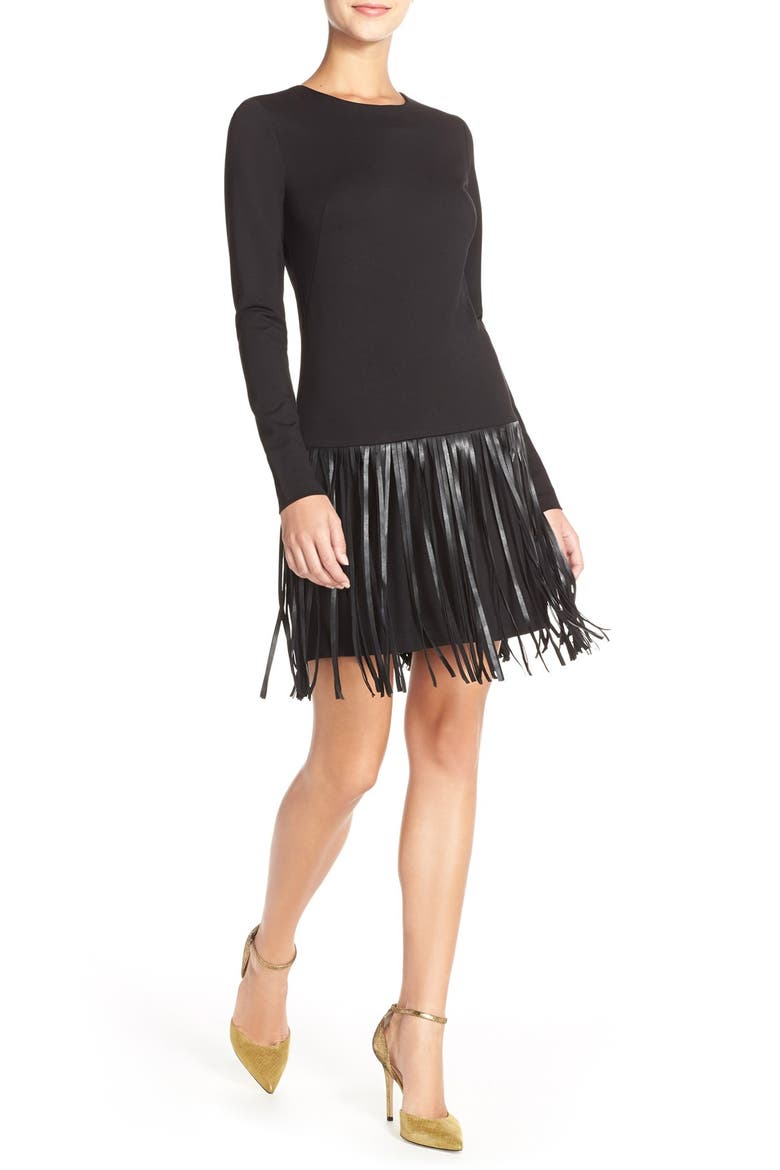 'Colt' Faux Leather Fringe Ponte Drop-Waist Dress, Alternate, color, BLACK