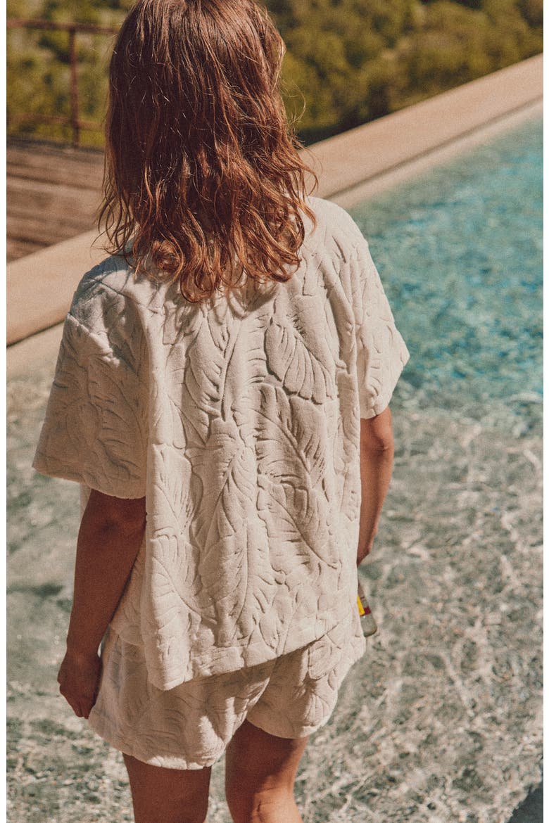 Cabana Leaf Jacquard French Terry Button-Up Shirt, Alternate, color, TROPIC FERN