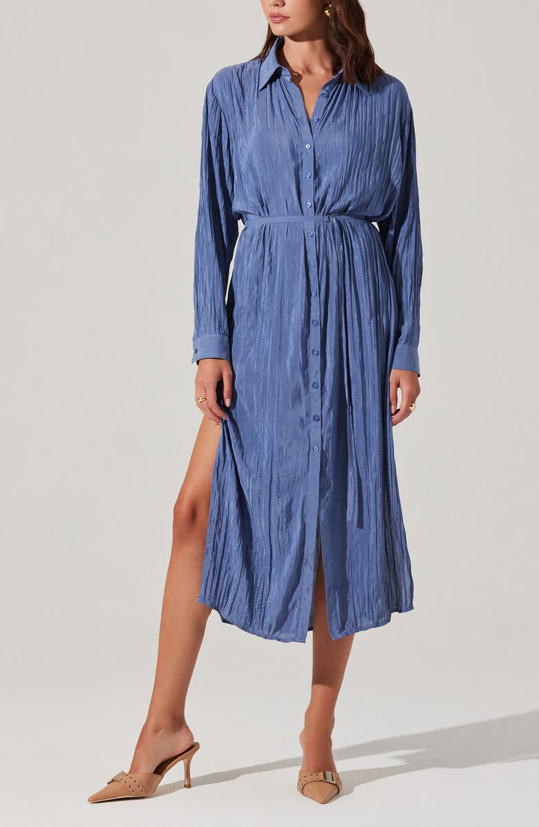 ASTR the Label Belted Long Sleeve Midi Shirtdress, Alternate, color, Blue