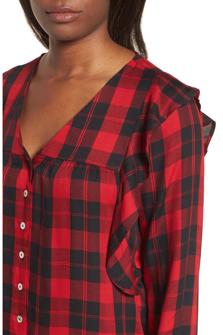 Ruffled Plaid Shirt, Alternate, color, RED PLAID