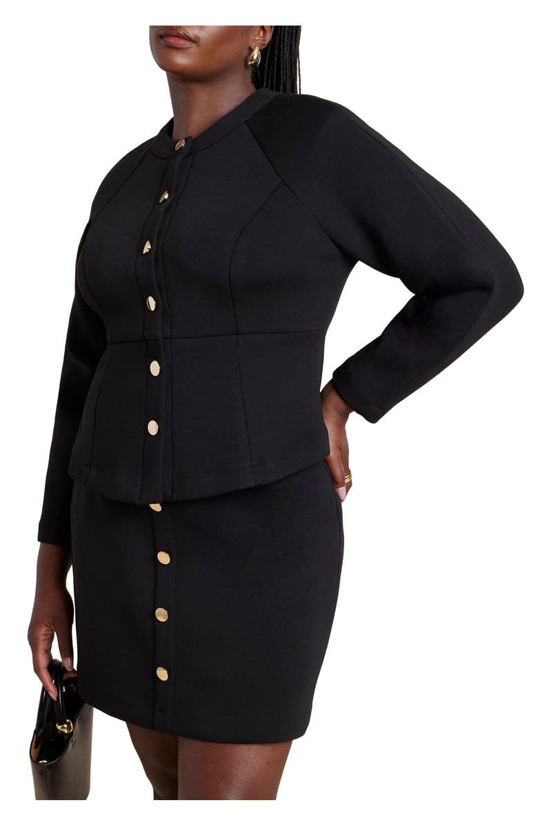 ELOQUII Strong Shoulder Nipped Waist Scuba Jacket, Main, color, Black Onyx
