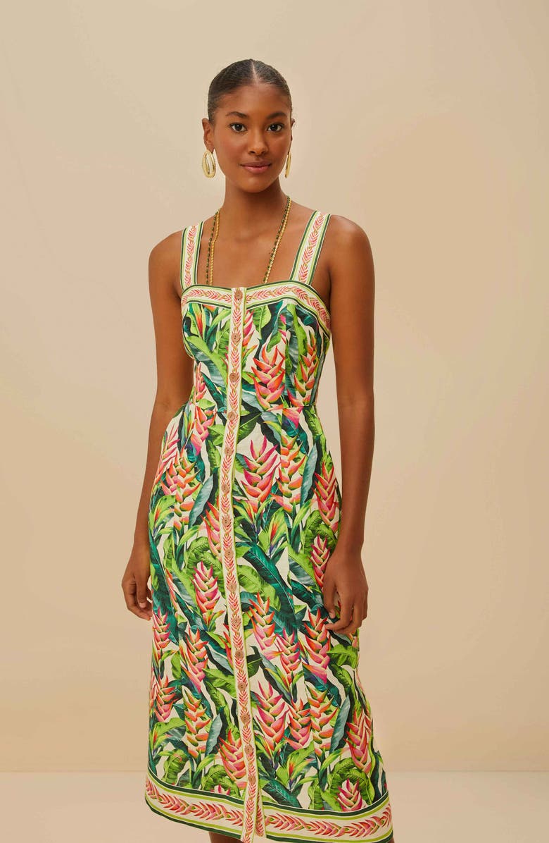 FARM Rio Heli Leaves Button Front Linen Midi Dress, Alternate, color, Pearl