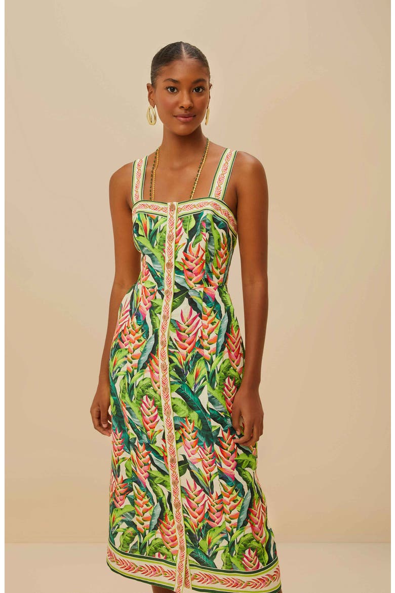 heli leaves button front linen midi dress FARM RIO Heli Leaves Pearl 100% Linen Midi Dress Size Small Green Multicolor NWT