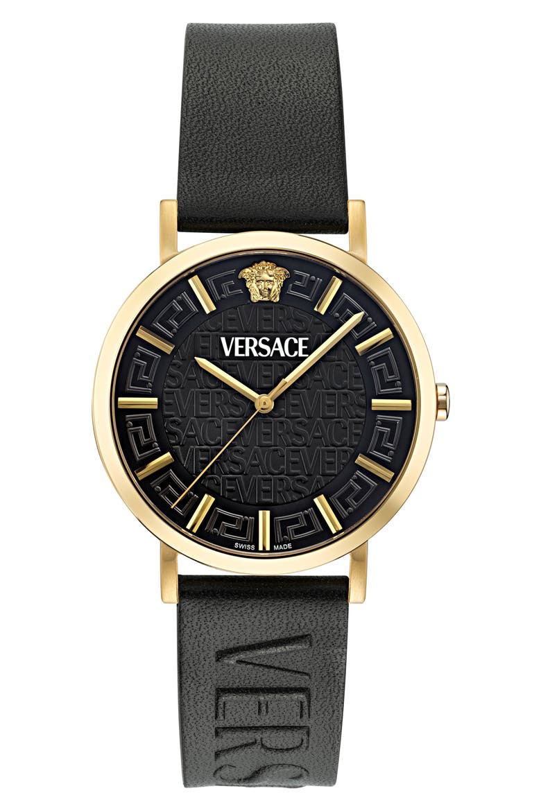 Greca Slim Leather Strap Watch, 40mm, Main, color, IP YELLOW GOLD