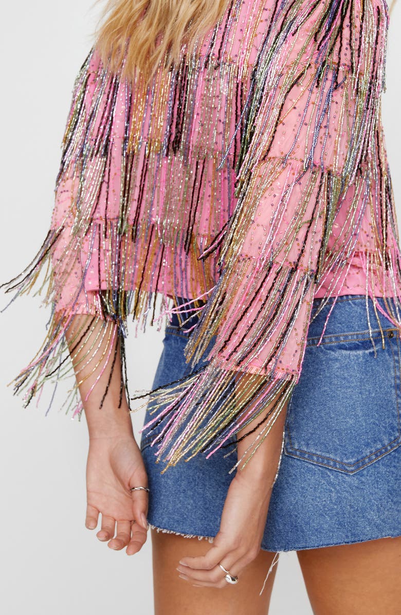 NASTY GAL Tiered Bead Fringe Crop Jacket, Alternate, color, 