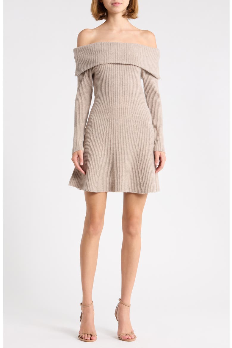 Off the Shoulder Ribbed Flare Minidress, Main, color, OATMEAL