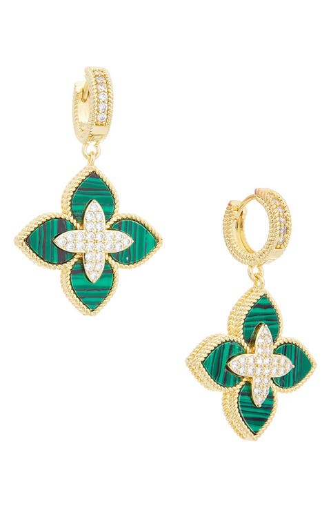 Cubic Zirconia Clover Drop Huggie Hoop Earrings
