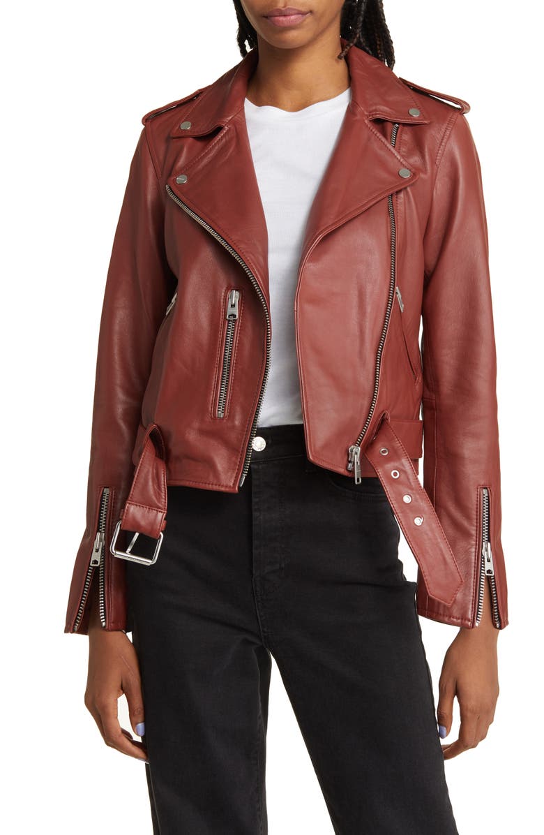 AllSaints Balfern Belted Leather Biker Jacket, Main, color,