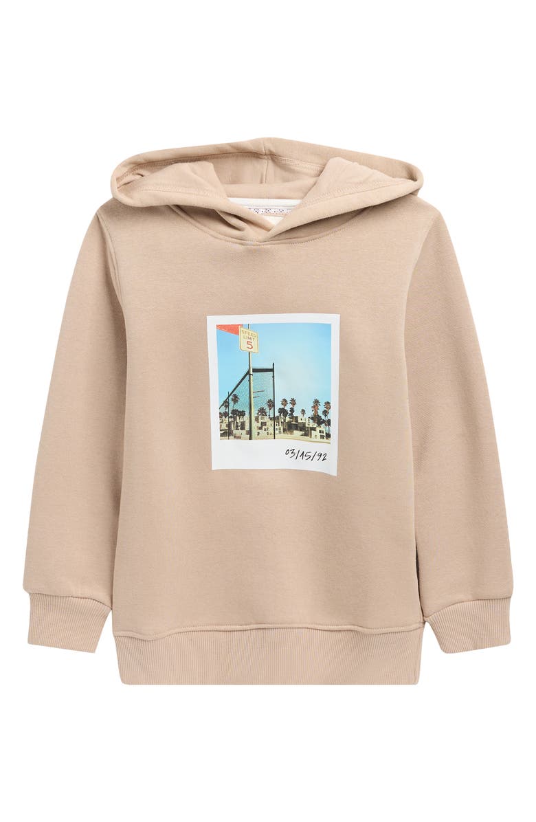 DENIM AND FLOWER Kids' Polaroid Graphic Hoodie, Main, color, Light Khaki